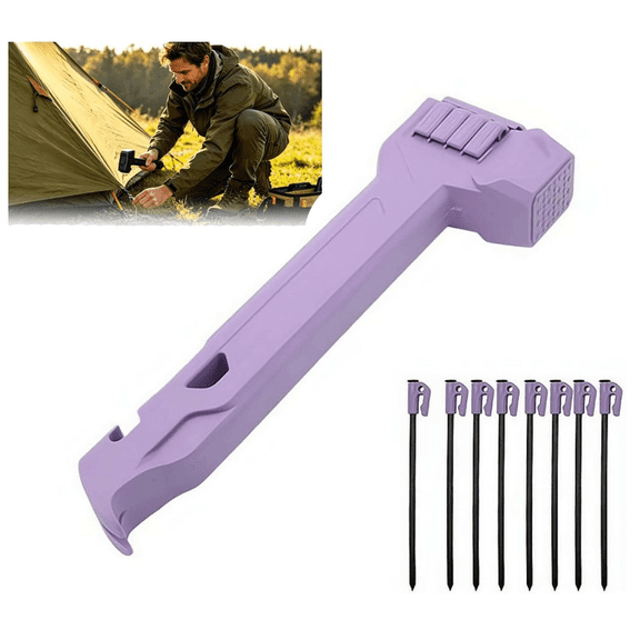 Multifunctional Camping Hammer & Tent Stake Puller, Lightweight Tent Stake Hammer with 8 Pegs, Camping Mallet with Anti-Loss Storage Compartment & Bottle Opener for Camping & Hiking - (Purple)