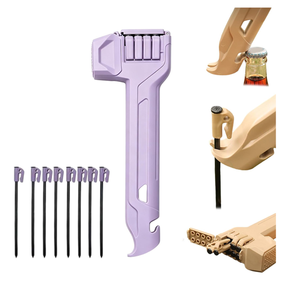 Multifunctional Camping Hammer & Tent Stake Puller, Lightweight Tent Stake Hammer with 8 Pegs, Camping Mallet with Anti-Loss Storage Compartment & Bottle Opener for Camping & Hiking (Purple)