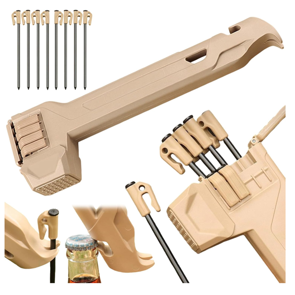 Multifunctional Camping Hammer & Tent Stake Puller, Lightweight Tent Stake Hammer with 8 Pegs, Camping Mallet with Anti-Loss Storage Compartment & Bottle Opener for Camping & Hiking (Khaki)
