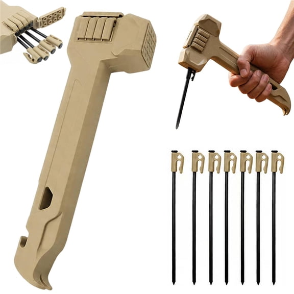 Multifunctional Camping Hammer & Tent Stake Puller, Tent Stake Hammer with 8 Ground Pegs Storage, 3-in-1 Camping Mallet for Camping Hiking