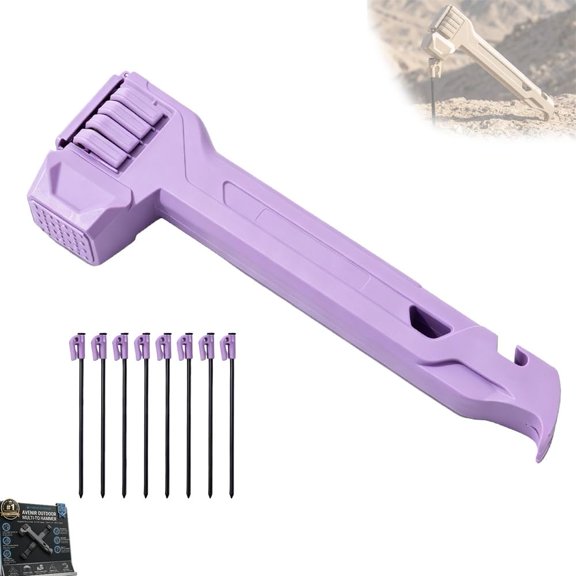 Multifunctional Camping Hammer & Tent Stake Puller with 8 Pegs, Heavy-Duty Built-in Storage Bottle Opener for Camp, Hike