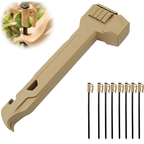 Multifunctional Camping Hammer with 8 Pegs, Heavy-Duty Tent Stake Driver & Peg Puller Mallet for Camping, Hiking and Backpacking