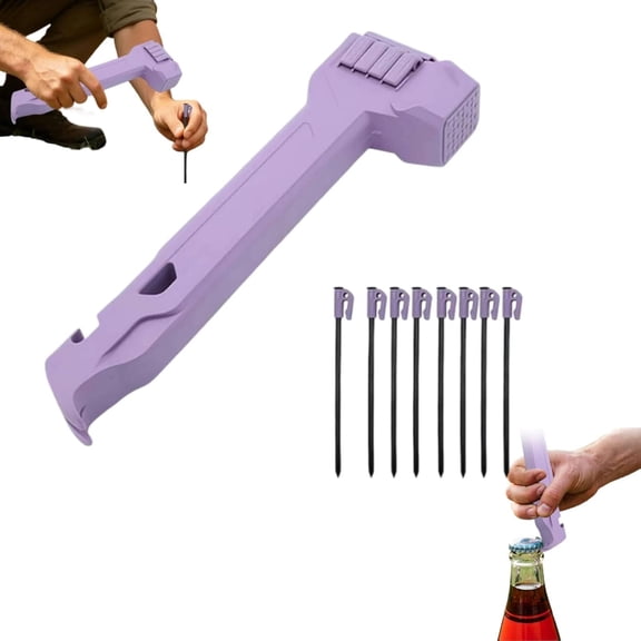 Multifunctional Camping Hammer with 8 Pegs,Tent Stake Driver,Puller & Bottle Opener with Storage Handle,Multi-Tool Mallet for Tent Setup,Purple