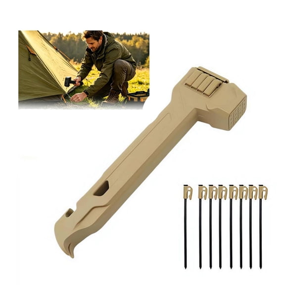 Multifunctional Camping Hammer with 8 Pegs, Tent Stake Driver Puller and Bottle Opener with Storage Handle