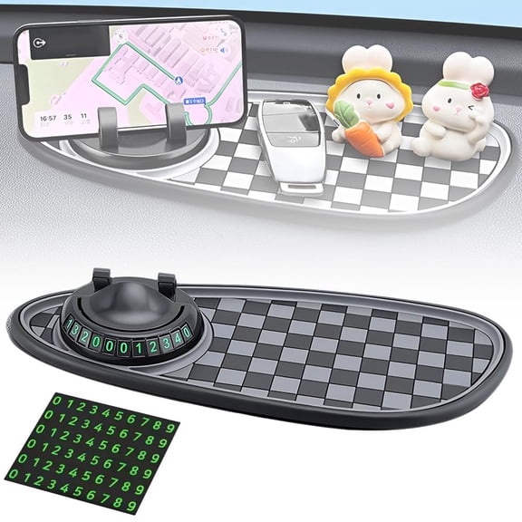 Multifunctional Car Anti-Slip Mat, 2026 New Car Phone Holder for Mount, Rotating Phone Holder for Daily Commute, Checkerboard Mat for Urban Drivers