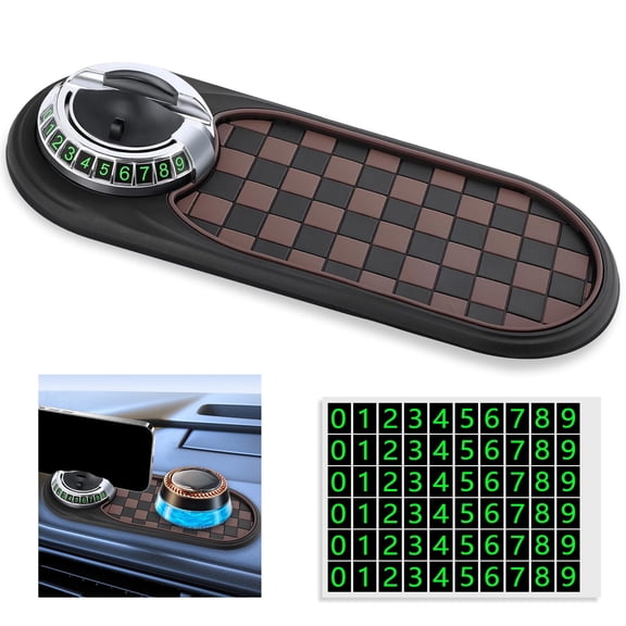 Multifunctional Car Anti-Slip Mat with Rotatable Auto Phone Holder, Universal Car Dashboard Mat with Temporary Parking Number, Vehicle Mount Anti Skid Pad for Sunglasses Keys Gadgets (Brown)