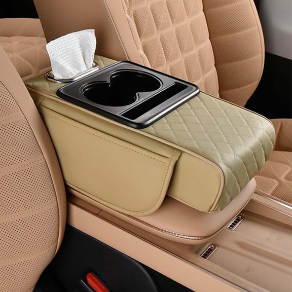 Multifunctional Car Armrest Cushion, 5-in-1 Center Console Cover with 2 Storage Bags Cup Holder/1 Tissue Box/1 Mobile Phone Slot/2 Side Storage Pockets, for SUV/Pickup Trucks (Yellow,13.8×7.5×2.95in)