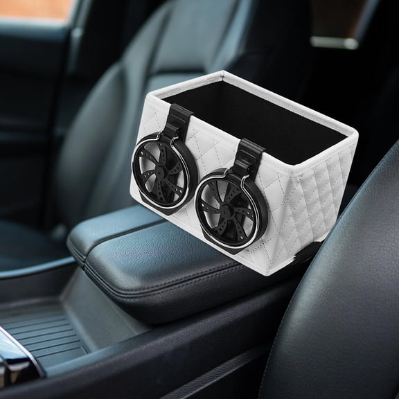 Multifunctional Car Armrest Storage Box with Foldable Cup Holders, Leather Car Organizer for Vehicles, RVs, Jeeps, and Golf Carts White
