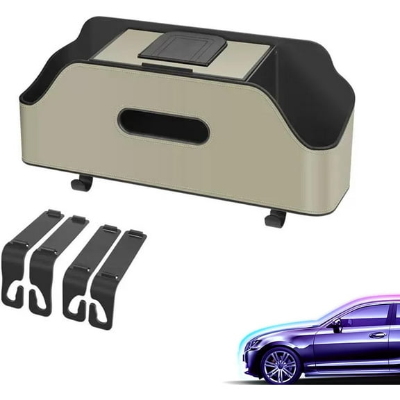 Multifunctional Car Back Seat Storage,3 in 1 Car Backseat Organizer,  Car Seat Back Storage Box, with 2 Cup Holders, Tissue Box, Hooks (Beige)Z