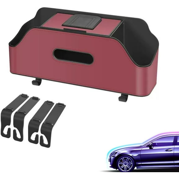 Multifunctional Car Back Seat Storage,3 in 1 Car Backseat Organizer, Car Seat Back Storage Box, with 2 Cup Holders, Tissue Box, Hooks (Red)Z