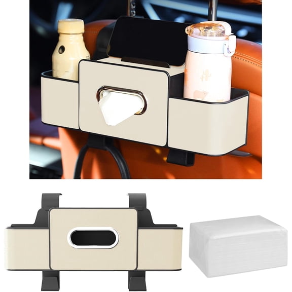 Multifunctional Car Seat Back Storage Box with Tissue Holder & 2 Cup Holders, Universal Rear Seat Organizer with Storage Pockets for Phones, Snacks, and Small Accessories