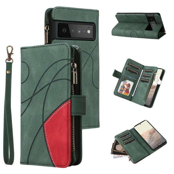 Multifunctional Case for Google Pixel 6 Pro,[RFID Blocking] 9 Credit Cards Holder with Wrist Strap, Premium PU Leather Zipper Wallet Purse Magnetic Flip Phone Cover for Google Pixel 6 Pro, Green
