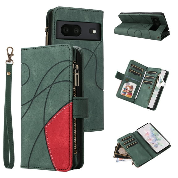 Multifunctional Case for Google Pixel 7,Card Slots[RFID Blocking],Durable Flip Folio Kickstand Magnetic Closure Leather Zipper Wallet Wrist Strap Shockproof Case for Google Pixel 7, Green