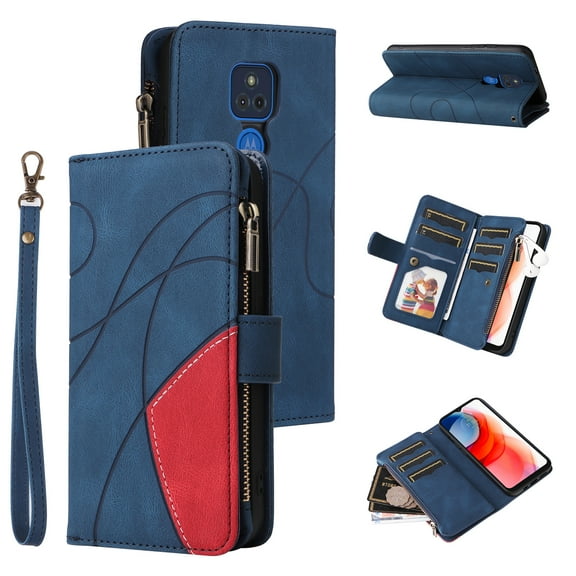 Multifunctional Case for Moto G Power 2021,[RFID Blocking] 9 Credit Cards Holder Wrist Strap, Premium PU Leather Zipper Wallet Purse Magnetic Flip Phone Cover for Motorola Moto G Power 2021, Blue
