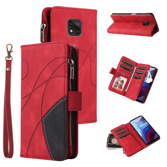 Multifunctional Case for Moto G Power 2021,[RFID Blocking] 9 Credit Cards Holder Wrist Strap, Premium PU Leather Zipper Wallet Purse Magnetic Flip Phone Cover for Motorola Moto G Power 2021, Red