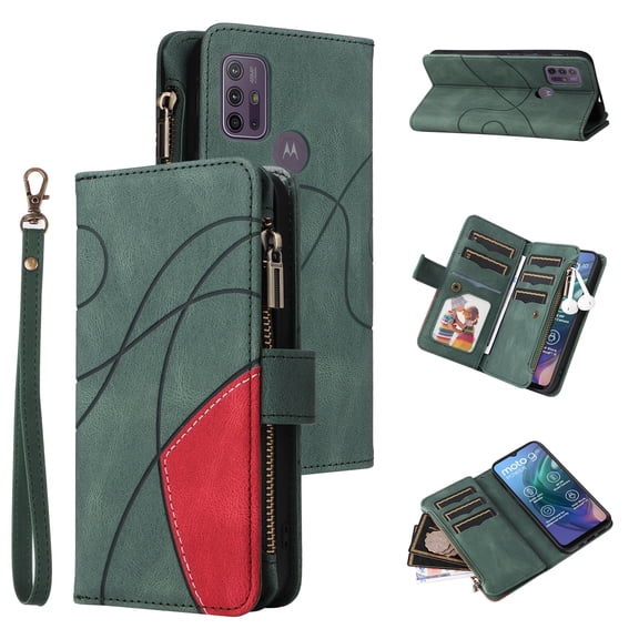 Multifunctional Case for Motorola Moto G10,Card Slots[RFID Blocking],Durable Flip Folio Kickstand Magnetic Closure Leather Zipper Wallet Wrist Strap Shockproof Case for Motorola Moto G10, Green