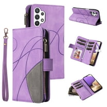 Multifunctional Case for Samsung A32 5G,[RFID Blocking] 9 Credit Cards Holder with Wrist Strap, Premium PU Leather Zipper Wallet Purse Magnetic Flip Phone Cover for Samsung Galaxy A32 5G, Purple
