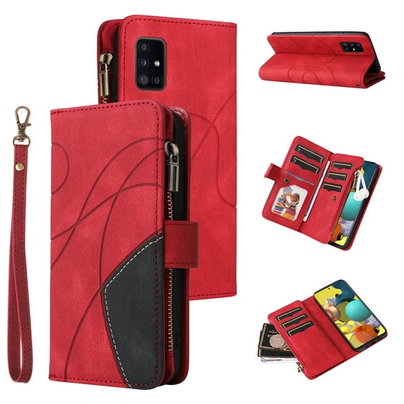 Multifunctional Case for Samsung A51 5G,[RFID Blocking] 9 Credit Cards Holder with Wrist Strap, Premium PU Leather Zipper Wallet Purse Magnetic Flip Phone Cover for Samsung Galaxy A51 5G, Red