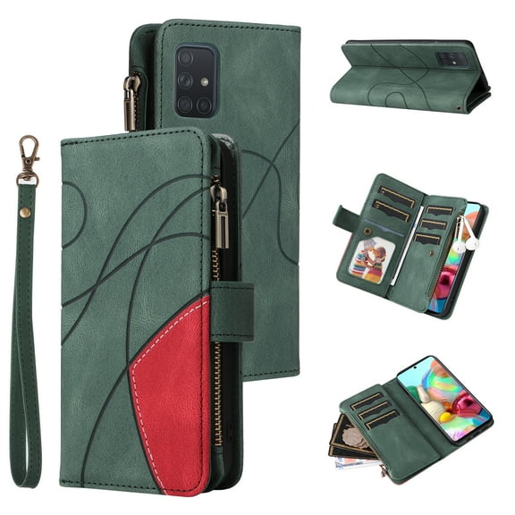 Multifunctional Case for Samsung A71 4G,[RFID Blocking] 9 Credit Cards Holder with Wrist Strap, Premium PU Leather Zipper Wallet Purse Magnetic Flip Phone Cover for Samsung Galaxy A71 4G, Green
