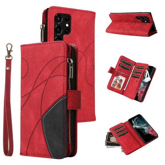 Multifunctional Case for Samsung S21 Ultra, 9 Credit Cards Holder with Wrist Strap, Premium PU Leather Zipper Wallet Purse Magnetic Flip Phone Cover for Samsung Galaxy S21 Ultra, Red