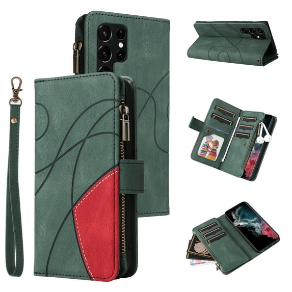 Multifunctional Case for Samsung S23 Ultra, 9 Credit Cards Holder with Wrist Strap, Premium PU Leather Zipper Wallet Purse Magnetic Flip Phone Cover for Samsung Galaxy S23 Ultra, Green