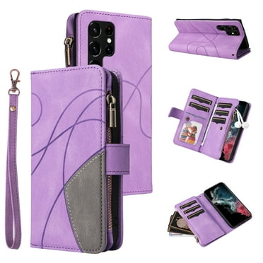 Multifunctional Case for Samsung S24 Ultra, 9 Credit Cards Holder with Wrist Strap, Premium PU Leather Zipper Wallet Purse Magnetic Flip Phone Cover for Samsung Galaxy S24 Ultra, Purple