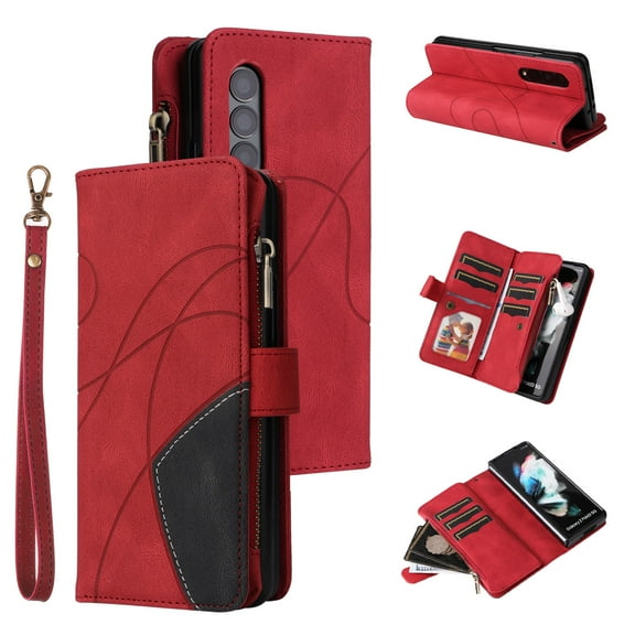 Multifunctional Case for Samsung Z Fold 4,[RFID Blocking] 9 Credit Cards Holder with Wrist Strap, Premium PU Leather Zipper Wallet Purse Magnetic Flip Phone Cover for Samsung Galaxy Z Fold 4, Red