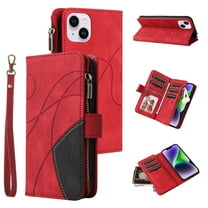 Multifunctional Case for iPhone 13,[RFID Blocking] 9 Credit Cards Holder with Wrist Strap, Premium PU Leather Zipper Wallet Purse Magnetic Flip Phone Cover For iPhone 13, Red