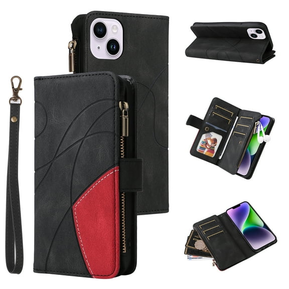 Multifunctional Case for iPhone 14 Plus,Card Slots[RFID Blocking],Durable Flip Folio Kickstand Magnetic Closure Leather Zipper Wallet Wrist Strap Shockproof Case For iPhone 14 Plus, Black