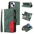 thumbnail image 1 of Multifunctional Case for iPhone 14 Plus,[RFID Blocking] 9 Credit Cards Holder with Wrist Strap, Premium PU Leather Zipper Wallet Purse Magnetic Flip Phone Cover For iPhone 14 Plus, Green, 1 of 12