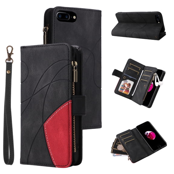 Multifunctional Case for iPhone 7 Plus, iPhone 8 Plus,9 Credit Cards Holder with Wrist Strap, Premium PU Leather Zipper Wallet Purse Magnetic Flip Phone Cover For iPhone 8 Plus/7 Plus, Black