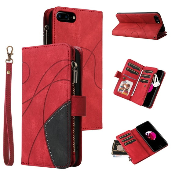 Multifunctional Case for iPhone 7 Plus, iPhone 8 Plus,9 Credit Cards Holder with Wrist Strap, Premium PU Leather Zipper Wallet Purse Magnetic Flip Phone Cover For iPhone 8 Plus/7 Plus, Red