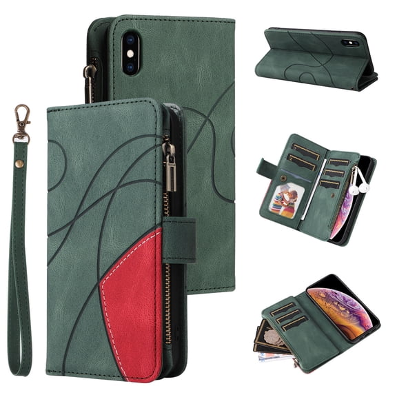 Multifunctional Case for iPhone XS, iPhone X,[RFID Blocking] 9 Credit Cards Holder with Wrist Strap, Premium PU Leather Zipper Wallet Purse Magnetic Flip Phone Cover For iPhone X/XS, Green