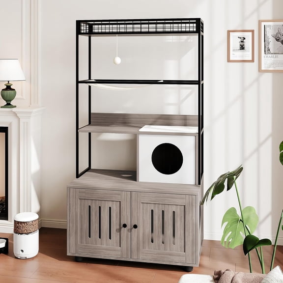 Multifunctional Cat Litter Box Enclosure Furniture, Enclosed Hidden Cat Washroom with Storage Rack, Equipped with Hammock, Sisal Balls and Cat Scratching Mat for Indoor Cats