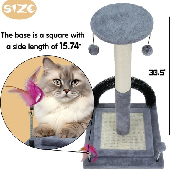 Multifunctional Cat Scratching Posts for Indoor Kittens,Cat Scratching Posts for Play and Activity,Scratching Posts with Feather Toys, Hanging Balls and Self-Grooming Brush,Grey