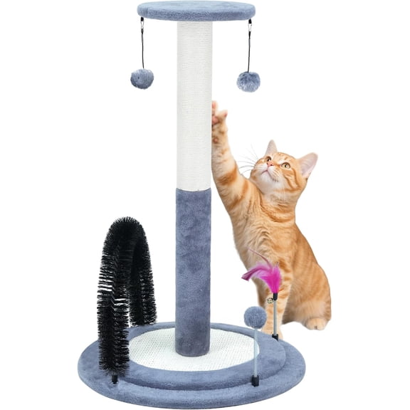 Multifunctional Cat Scratching Posts for Indoor Kittens,Cat Scratching Posts for Play and Activity,Scratching Posts with Feather Toys and Self-Grooming Brush,Grey