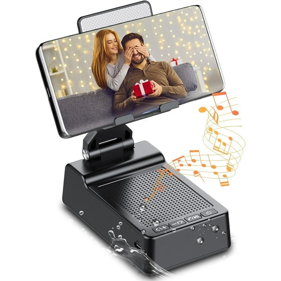 Multifunctional Cell Phone Stand with Wireless Bluetooth Speaker and Anti-Slip Base, HD Stereo Compatible with Multiple Devices, Tech Gadgets Gifts for Men/Women/Parents/Child (Black)