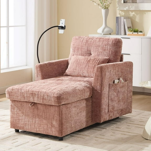 Multifunctional Chaise Lounge Chair Indoor with Storage, Comfy Chenille Upholstered Lazy Sleeper Sofa with Phone Holder and Side Pockets for Living Room