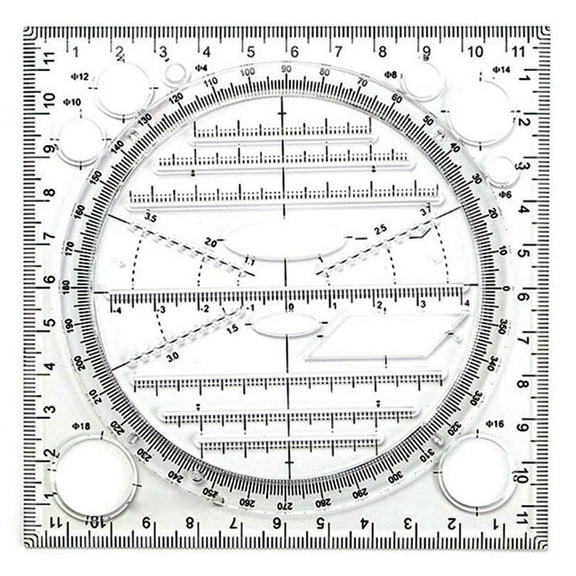 Multifunctional Circle Drawing Template, Geometric Drawing Tool, Measuring Ruler, Rotatable Angle,1 x Measuring ruler,Transparent