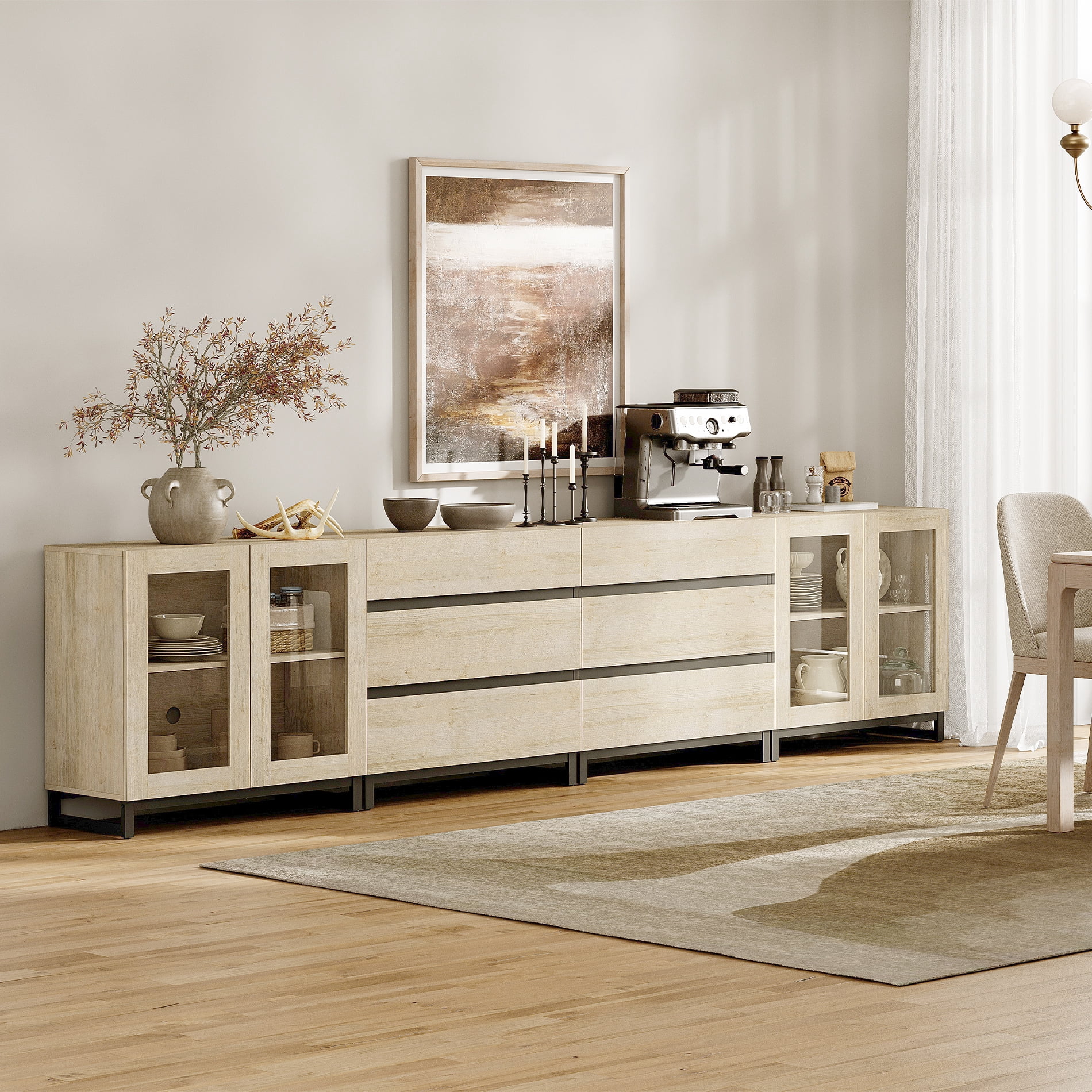 Multifunctional Coffee Bar Cabinet, 4-In-1 Storage Sideboard with Glass Doors, 6 Drawers and Adjustable Shelf, Sturdy Metal Base Buffet Cabinet for Kitchen Living Room,Beige