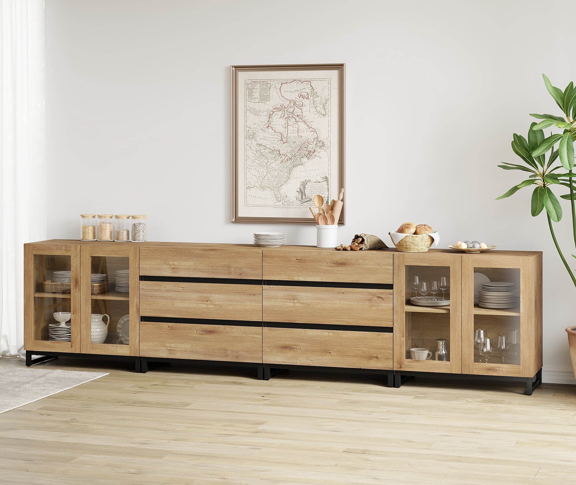 Multifunctional Coffee Bar Cabinet, 4-In-1 Storage Sideboard with Glass Doors, 6 Drawers and Adjustable Shelf, Sturdy Metal Base Buffet Cabinet for Kitchen Living Room,Oak