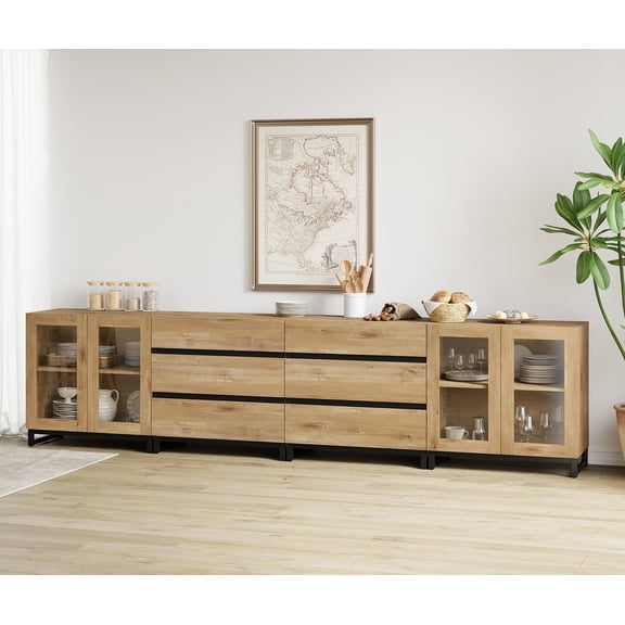 Multifunctional Coffee Bar Cabinet, 4-In-1 Storage Sideboard with Glass Doors, 6 Drawers and Adjustable Shelf, Sturdy Metal Base Buffet Cabinet for Kitchen Living Room,Oak