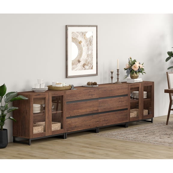 Multifunctional Coffee Bar Cabinet, 4-In-1 Storage Sideboard with Glass Doors, 6 Drawers and Adjustable Shelf, Sturdy Metal Base Buffet Cabinet for Kitchen Living Room,Brown