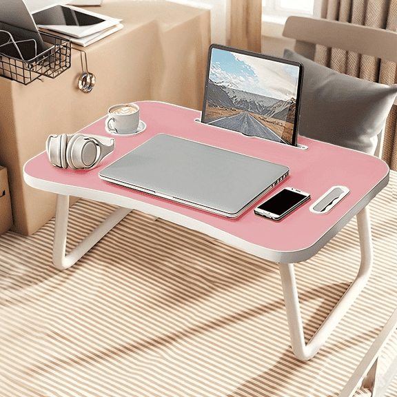 Multifunctional Collapsible Bed Table, Foldable Laptop Desk Serving Tray with Card Slot & Drawer, Scratch-Resistant Surface, Space-Saving for Home Work & Breakfast