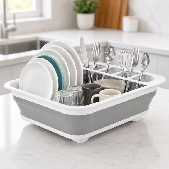 Multifunctional Collapsible Dish Drying Rack, Foldable Kitchen Dish Drainer with Removable Storage Compartments for Sink and Counter