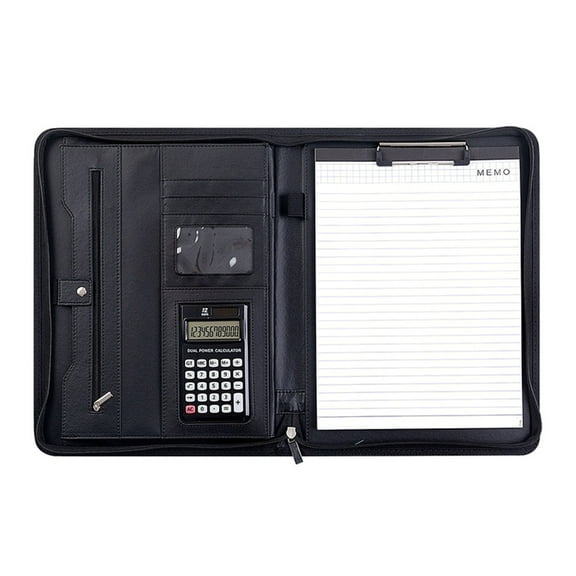 Multifunctional Conference Folder Zippered Leather Business File Folder Case with Pocket Card Holders Pen Slot Clipboard