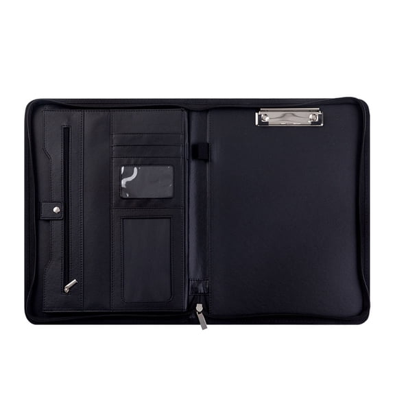 Multifunctional Conference Folder Zippered Leather Business File Folder Case with Pocket Card Holders Pen Slot Clipboard