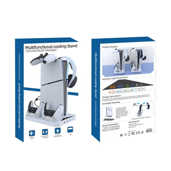 Multifunctional Cooling Stand for PS5 Slim (Disc & Digital Editions) - 3-in-1 Dual DualSense Charger + Headphone Hook, Quiet Fans, Anti-Slip Base, Overcharge Protection | PS5 Slim Accessories