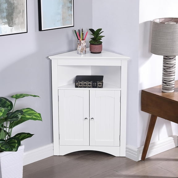 Multifunctional Corner Storage Cabinet with Adjustable Shelves - Free Standing Floor Cabinet with Doors for Bathroom, Kitchen, Living Room, Waterproof MDF Organizer (White)