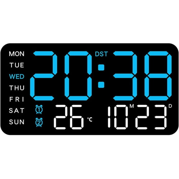 Multifunctional Decorative LED Digital Wall Clock, LED Display Wall Mount Clock, Soft Night Light Design with Date, Week, Temp, Humidity for Living Room Bedroom Office (Blue, Black back panel)